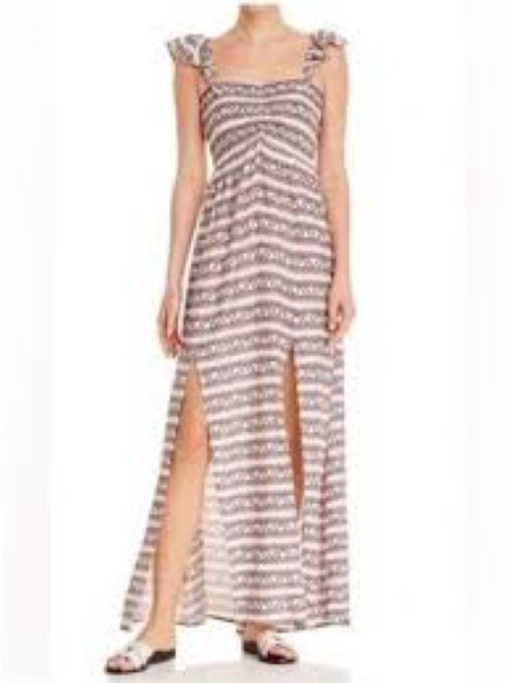 Aqua Boho 70’s Style Striped Ruffle-Shoulder Maxi Dress Dual Front Slits Size S